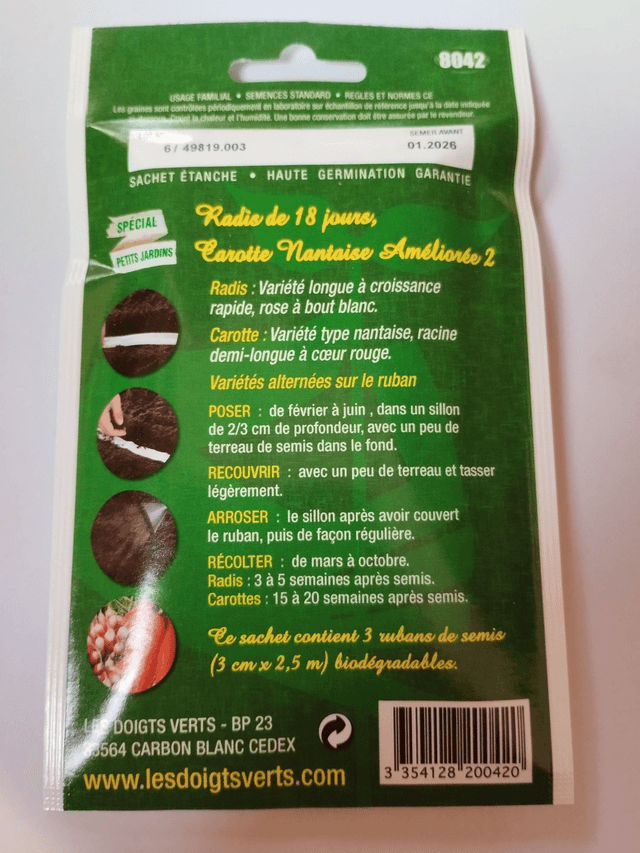 Radis de 18 jours Carotte Nantaise améliorée en ruban spécial petit jardin
